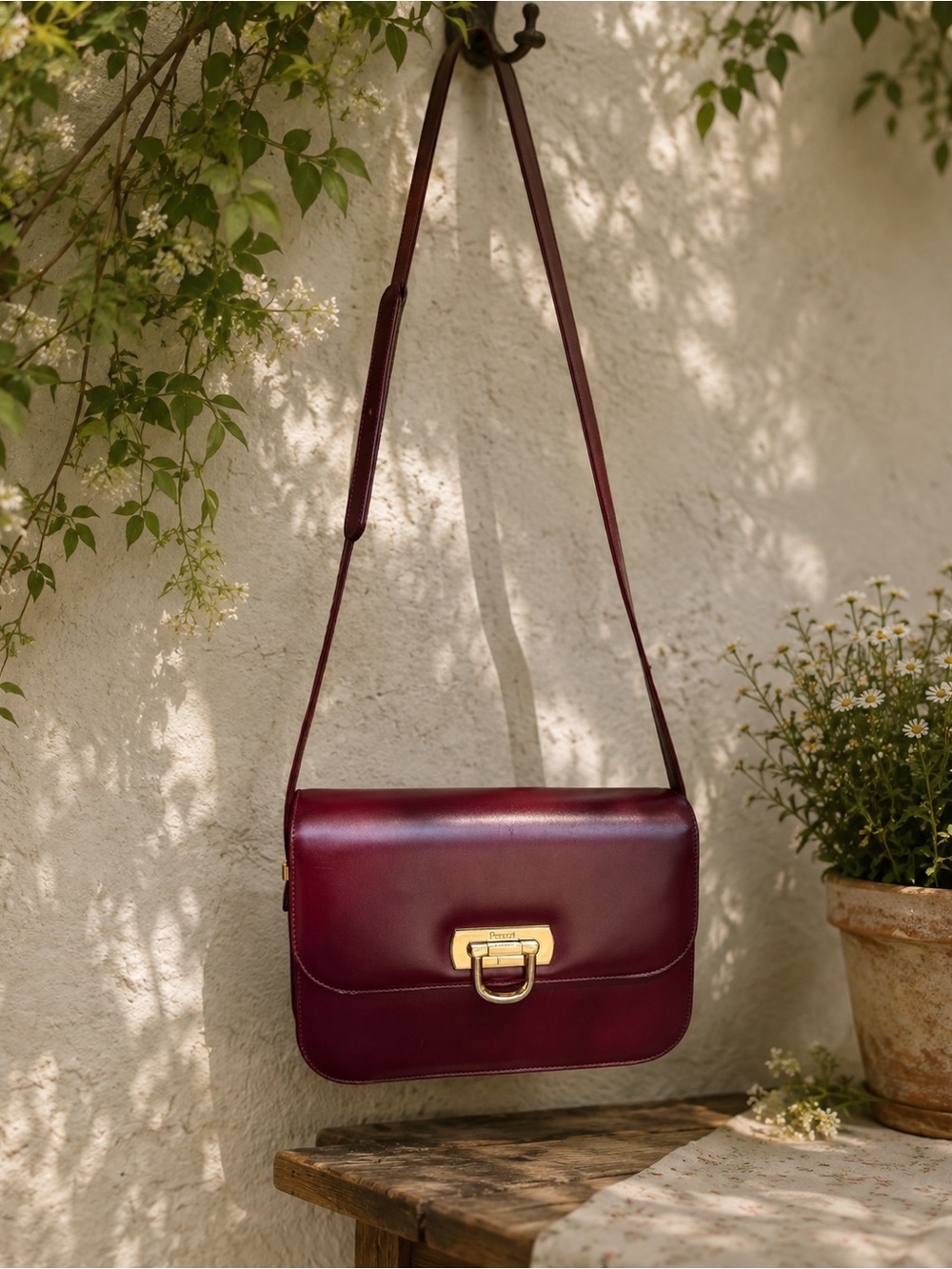 Vintage Peruzzi Ox Blood Red, Leather, Box Shoulder Purse,made in Florence Italy